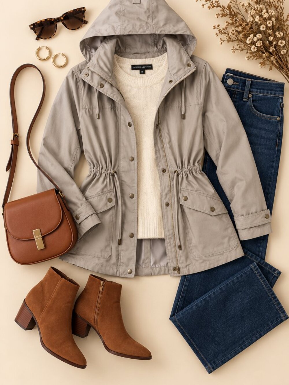 New York & Company Hooded Utility Jacket M Taupe Cinch Waist Anorak Fall